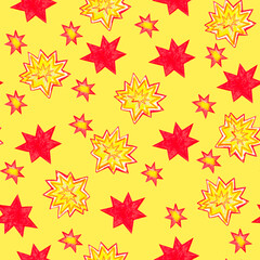 Pencil drawn yellow stars clipart, starry pattern, childish background, kids backdrop, funny artwork, pencil drawn objects, red, orange, yellow background