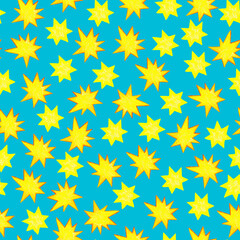 Pencil drawn yellow stars clipart, starry pattern, childish background, kids backdrop, funny artwork, pencil drawn objects, azure color