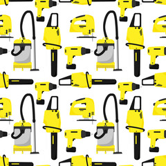 Vector seamless pattern of power tools. Yellow electrical industrial tools.