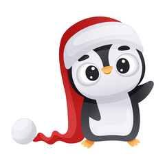 Cute penguin in Santa hat. Adorable funny baby bird cartoon character. New year and Christmas design vector illustration