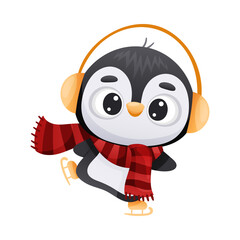 Cute penguin wearing earmuffs and scarf enjoying ice skating. Adorable funny baby bird cartoon character. New year and Christmas design vector illustration