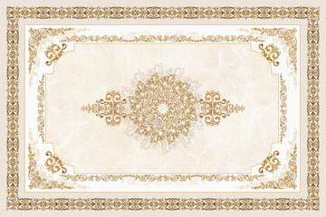 3D-image symmetric ceiling painting in classic style with gold ornaments on beige marble background for ceiling decodation - obrazy, fototapety, plakaty