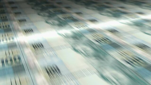 Brazil Real, Reai money sheet printing. BRL banknotes loop print. Seamless and looped background concept of finance, economy crisis, inflation and business.