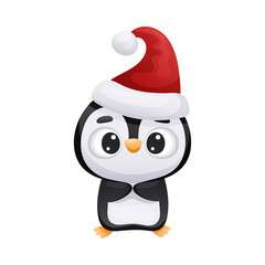 Cute big eyed penguin in Santa hat. Adorable funny baby bird cartoon character. New year and Christmas design vector illustration