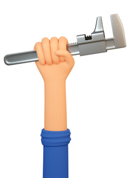3d mechanic hand holds adjustable spanner. Cartoon worker hand with wrench. Labor day. 3d illustration. 3d render