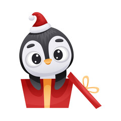 Cute penguin in Santa hat sitting in red gift box. Adorable funny baby bird cartoon character. New year and Christmas design vector illustration