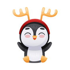 Cute penguin wearing reindeer headband. Adorable funny baby bird cartoon character. New year and Christmas design vector illustration
