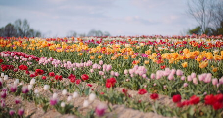 Wide Shot of Blooming Tulips on Agriculture Field. Fresh Colorful Tulips Production