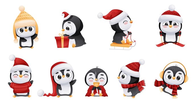 Cute Christmas penguins set. Adorable funny baby bird cartoon character in winter leisure activities. New year and Xmas design vector illustration