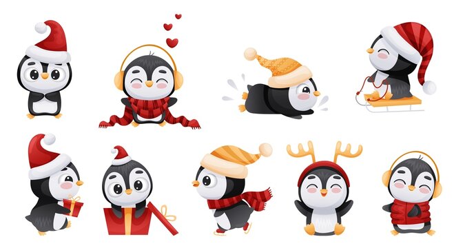 Cute Christmas penguins set. Adorable funny baby bird cartoon character in winter leisure activities vector illustration