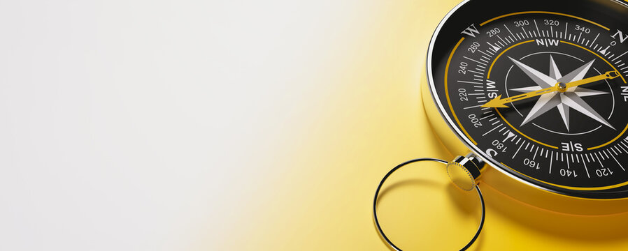compass located on the right on a yellow-white background with free space on a flat background. 3d rendering