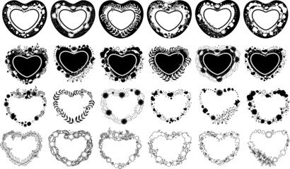A set of hearts. Ornaments of black silhouettes. Flowers drawn in the shape of a heart. The frame is the heart. Floral pattern on the edge of the heart.For key chains and mugs.Digital mask