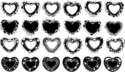 A set of hearts. Ornaments of black silhouettes. Flowers drawn in the shape of a heart. The frame is the heart. Floral pattern on the edge of the heart.For key chains and mugs.Digital mask