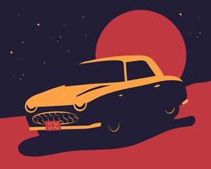 Retro car with night sky view. Vector vintage picture.