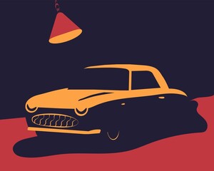 Vector image of an retro car. Vintage machine under lamp lighting. Vintage vector poster.