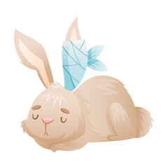 Sick cat rabbit animal. Sad bunny with bandage on its ear cartoon vector illustration
