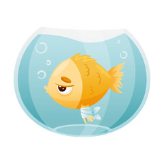 Sick fish in aquarium. Sad fish with bandage on its fin cartoon vector illustration