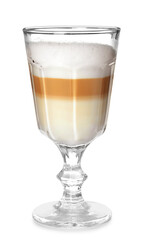 Glass of delicious latte macchiato isolated on white