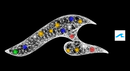 Glowing network tsunami with multicolored light spots. Illuminated vector carcass created from tsunami pictogram. Sparkle carcass wired tsunami, on a black backgound.