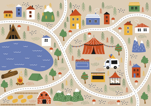 Vector Countryside Village Colorful Map With Houses, Fair, Circus, Farm, River And Mountains. Kids Game, Rug Template. Cute Doodle Town Maze Background