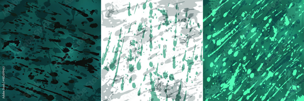 Poster abstract rain drops or ink blots on turquoise and white backgrounds. set of abstract dynamic backgro