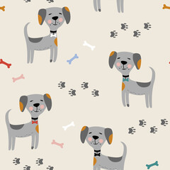 Seamless pattern with cute kind cartoon style dog, dog footprint and bone.