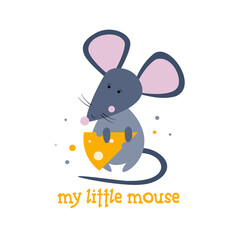 Little cute mouse is holding a piece of cheese. Print for kids clothes.