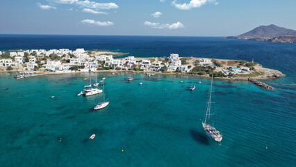 Fototapeta na wymiar Aerial drone photo of picturesque Pollonia a quiet, family -friendly village on the north-east corner of Milos island, Cyclades, Greece