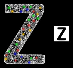 Glare net Zeta Greek symbol with vibrant flash nodes. Illuminated vector carcass created from Zeta Greek symbol icon. Sparkle carcass wired Zeta Greek symbol, on a black backgound. - obrazy, fototapety, plakaty
