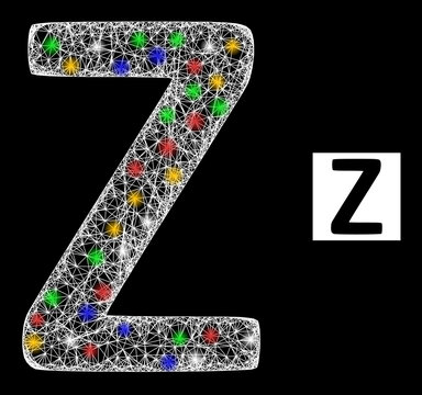 Glare net Zeta Greek symbol with vibrant flash nodes. Illuminated vector carcass created from Zeta Greek symbol icon. Sparkle carcass wired Zeta Greek symbol, on a black backgound.
