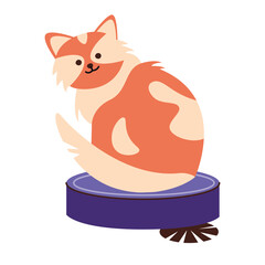 Funny cat riding on top of robot vacuum cleaner. Cute animal and smart house. Cleaning after pet. Isolated flat vector illustration. Design element.