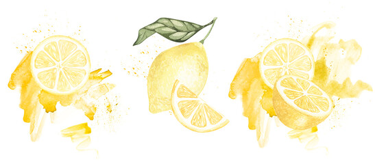 Set of watercolor illustrations of yellow lemon citrus fruits, flowers, green leaves. Hand painted on a white background. for kitchen textile, wallpaper, logo, packaging food, fabrics, wrapping paper.