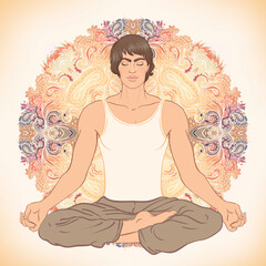 Beautiful Caucasian Man sitting in Lotus pose with ornate mandala on background. Vector illustration. Spa consent, yoga studio, or natural medicine clinic.