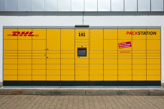 DHL Packstation. There are over 7,000 Packstation parcel locker machines in Germany. Front view.