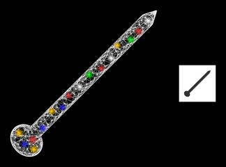 Bright net mesh needle with multicolored glowing spots. Illuminated vector carcass created from needle icon. Sparkle carcass mesh needle, on a black backgound.