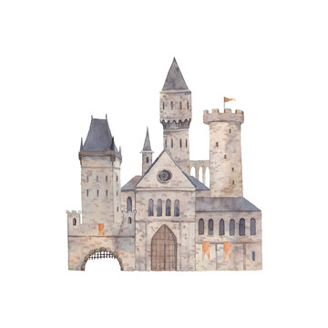 Watercolor fantasy castle. Medieval building isolated on white background.