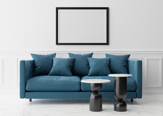 Empty black picture frame on white wall in modern living room. Mock up interior in classic style. Free space, copy space for your picture. Blue sofa. 3D rendering.