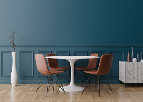 Empty blue wall in modern dining room. Mock up interior in classic style. Free space, copy space for your picture, text, or another design. Dinig table with brown chairs, parquet floor. 3D rendering.