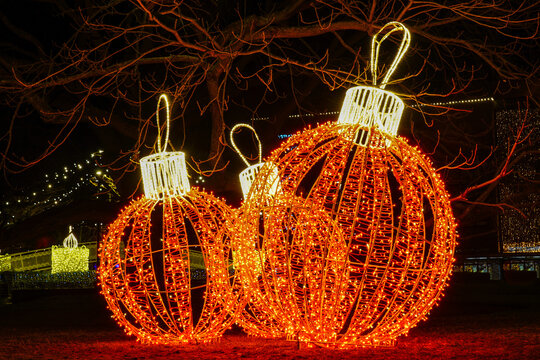 Large balls at city square decorated with LED lights