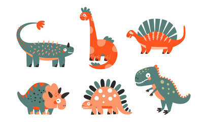 Fototapeta premium Set of vector illustrations with cute dinosaurs on a white background. Great for kids design.