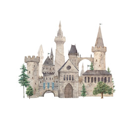 Watercolor abstract castle. Medieval building isolated on white background. Fantasy illustration