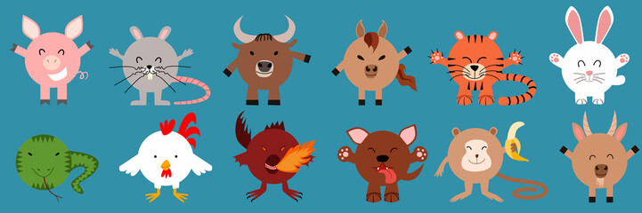 A set of round-shaped Chinese zodiac animals. Vector illustration in a flat style
