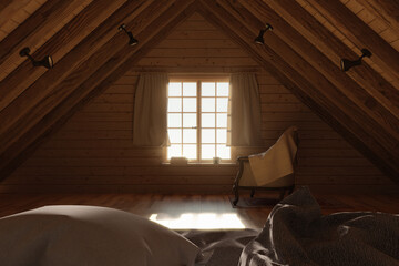 Fototapeta na wymiar 3d rendering of wooden attic room with bright light at window