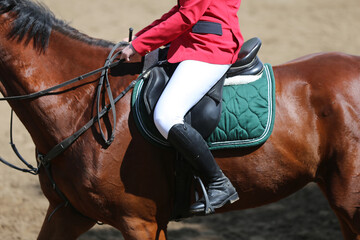 Unknown dressage rider sits on her sport horse during race