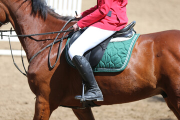 Unknown dressage rider sits on her sport horse during race