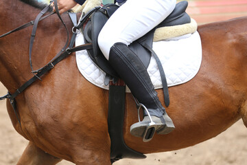 Unknown dressage rider sits on her sport horse during race