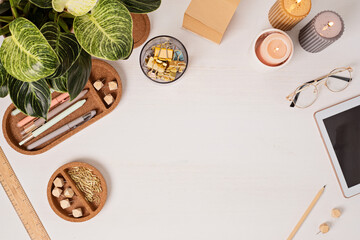 Fototapeta premium Modern eco friendly desktop with zero waste stationary. Comfortable working space, sustainable life style concept. Top view, flat lay.