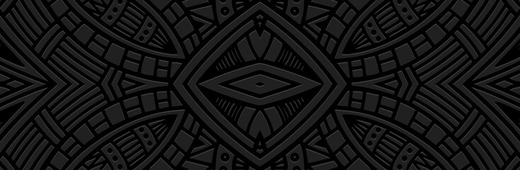 Art banner, cover design. Exotic geometric ethnic 3d pattern on black background, embossed texture. Decor for business background, magazine layout, brochure, booklet, flyer, website.