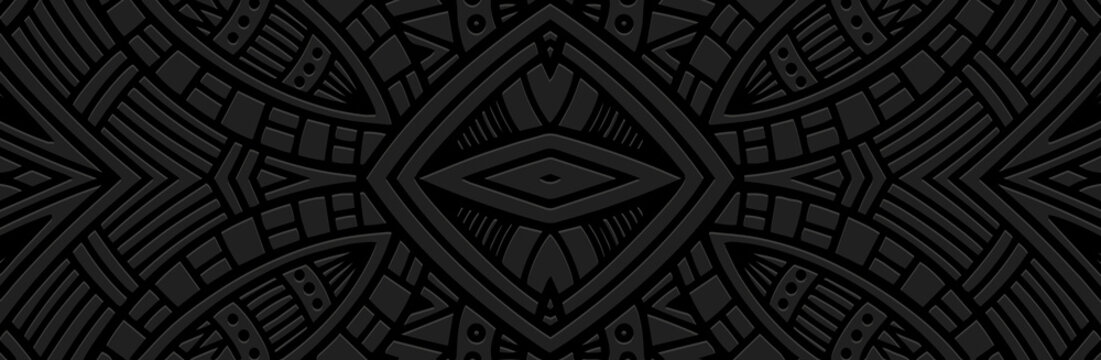 Art banner, cover design. Exotic geometric ethnic 3d pattern on black background, embossed texture. Decor for business background, magazine layout, brochure, booklet, flyer, website.