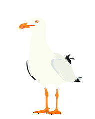 Seagull standing vector silhouette illustration isolated on white background. Sea and ocean bird. Marine bird shape symbol. Fish hunter. Gull tourist travel souvenir mascot.